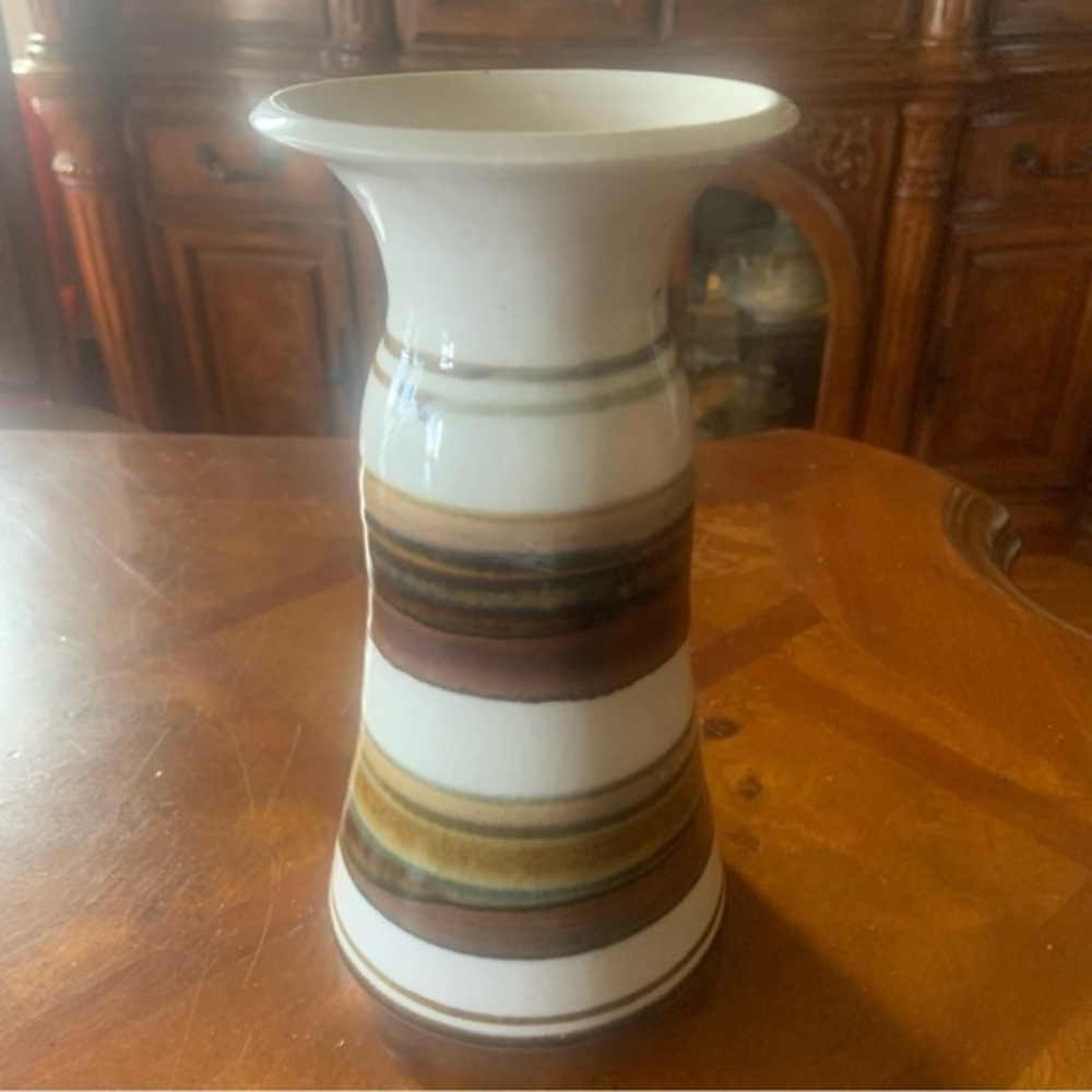Vintage 1979 Apple Lane Heavy Pottery Earth Tones Striped 9” Vase MCM Boho